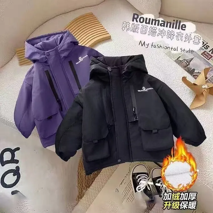 儿童男童加厚外套宝宝新款冬装棉衣上衣小童连帽男孩夹棉风衣