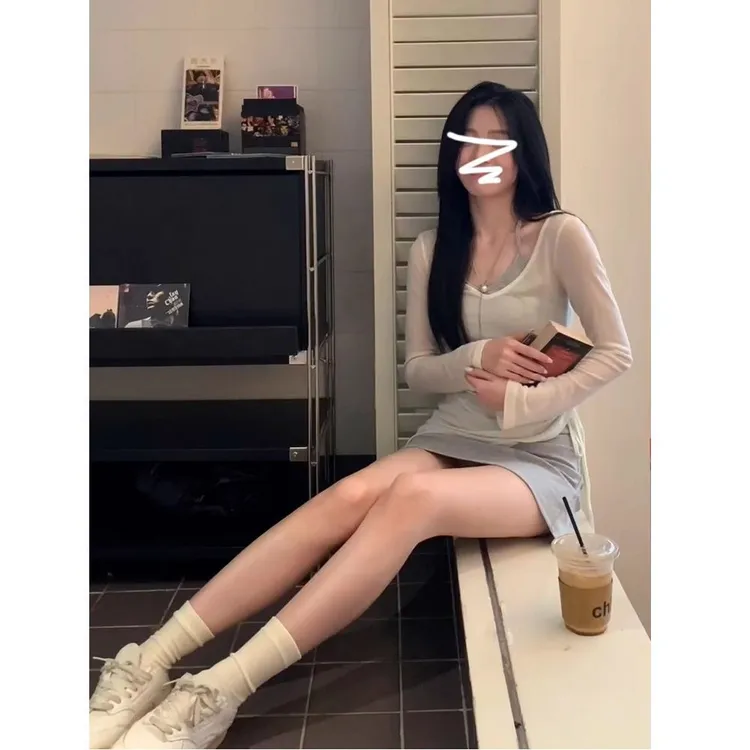 辣妹春夏新款套装显瘦长袖吊带连衣裙防晒罩衫修身t恤抽绳不规则