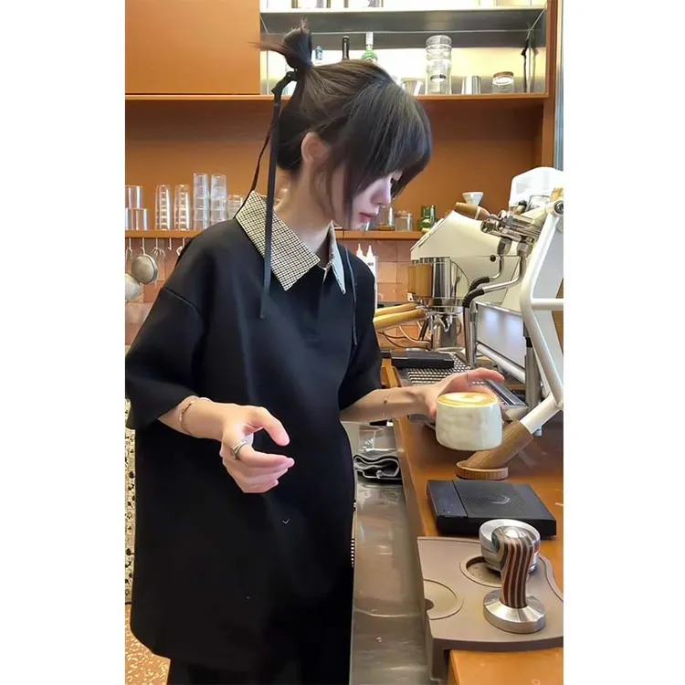 黑色千鸟格polo衫短袖男夏季cleanfit美式老钱风翻领t恤情侣半袖