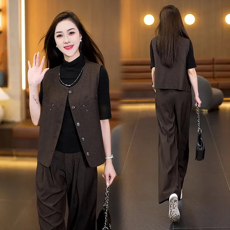 拉夏贝尔时尚套装女2025秋季新款显瘦百搭短款马甲阔腿裤两件套潮