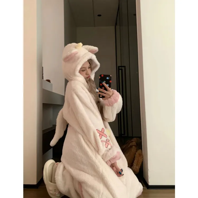 白色天使睡衣女冬季珊瑚绒加绒加厚可爱睡袍秋冬款睡裙家居服套装