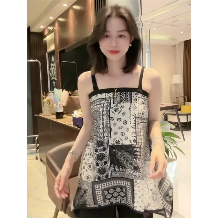 欧洲站2025夏短款打底背心露背上衣时尚女装外穿印花小吊带打底衫