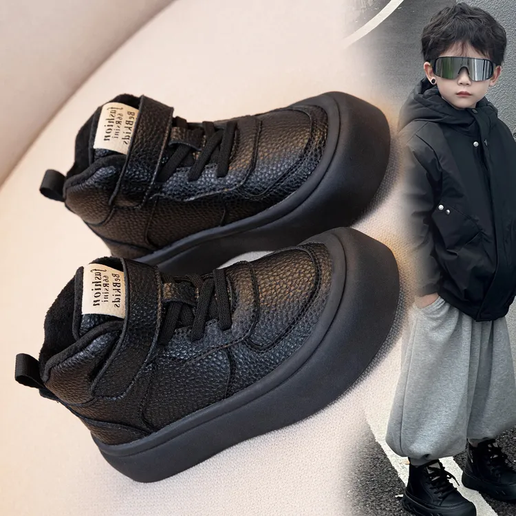 儿童时尚马丁靴冬男百搭ins休闲童靴运动风加绒加厚保暖真皮短靴