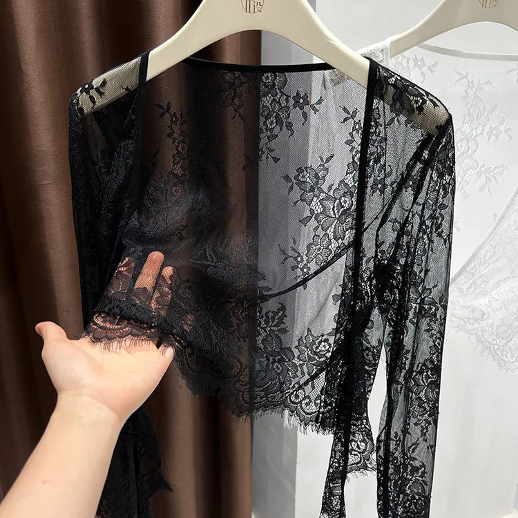 黑色轻薄款透视网纱蕾丝开衫夏季配连衣裙外搭长袖绑带罩衫外套女