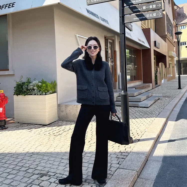 林果&季得 【线条美学】 简约条纹可拆卸狐狸毛领羊毛毛衣开衫外套