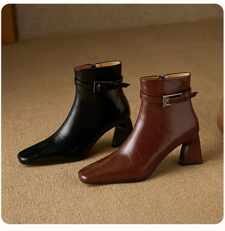 真皮女鞋时尚方头时尚简约气质百搭女靴里外全皮