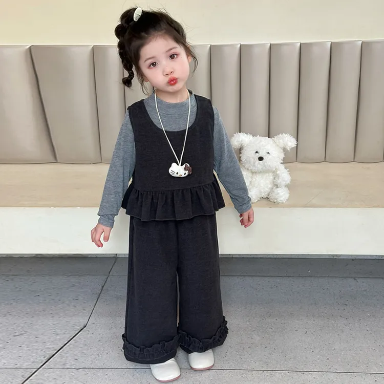 秋冬女童风纯色常规款秋季女套装套头春秋款韩版儿童假两件休闲