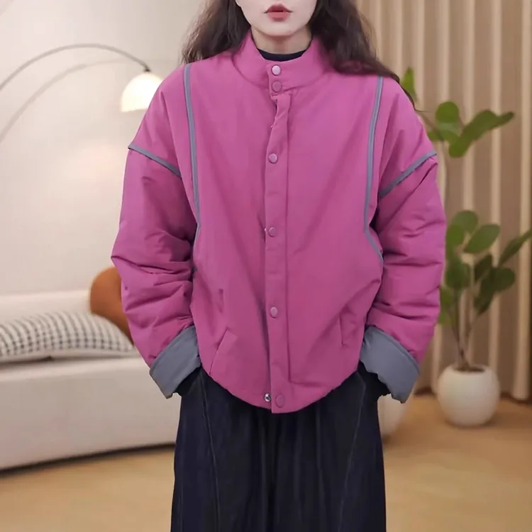 2025冬季时尚百搭休闲拼接小棉袄U条纹宽松立领女韩版显瘦上衣