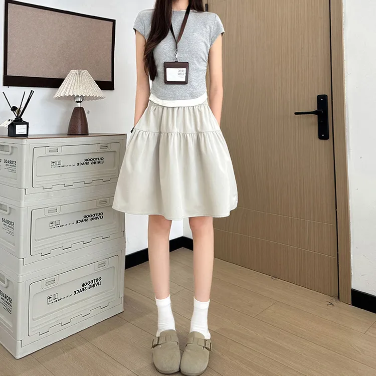 韩系休闲半身裙女2025新款五分拼接短裙小个子高腰a字伞裙学院风