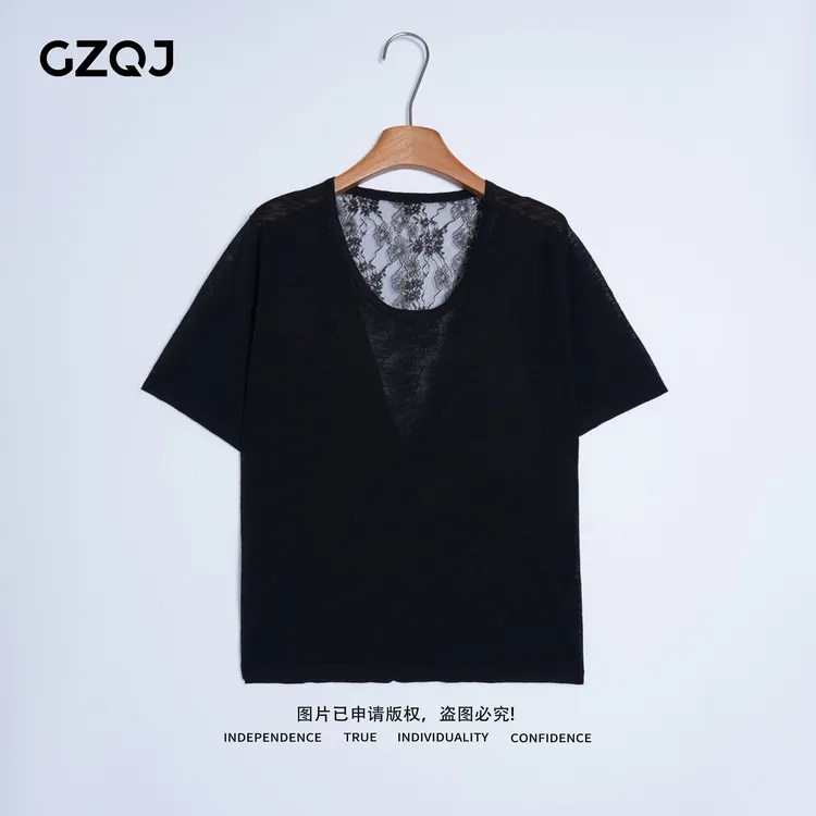 老琴私服 【盛夏记忆】欧若风圆领背面蕾丝镂空短袖针织T恤女夏8670