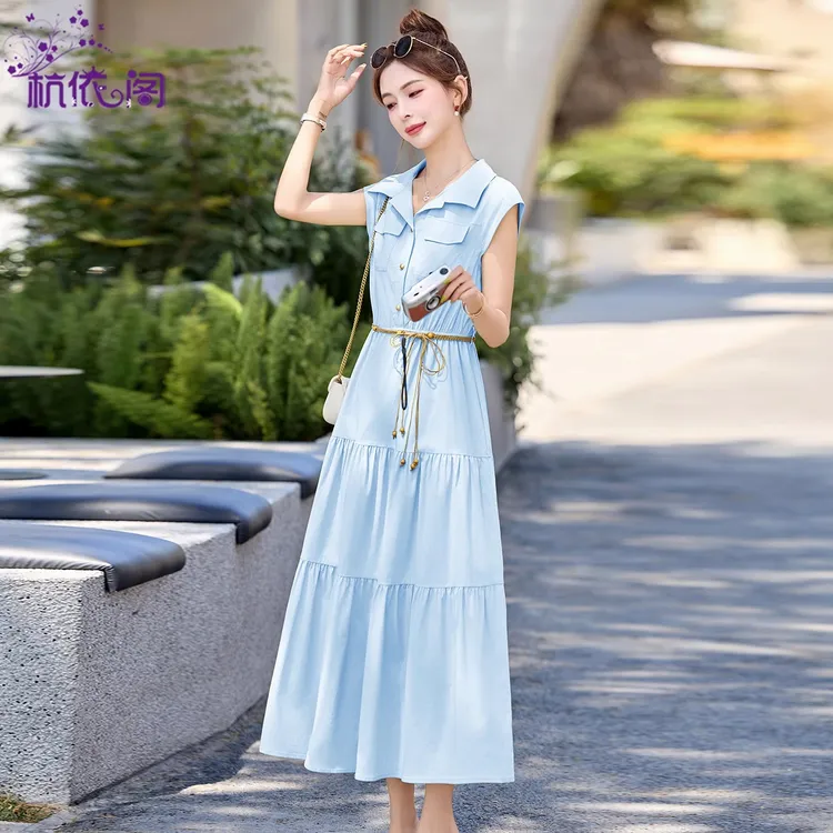 无袖衬衫连衣裙女夏长裙2025新款高级感气质收腰显瘦洋气减龄裙子