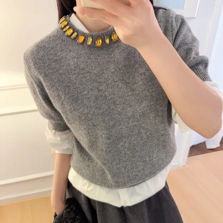 100%羊毛晓彤同款毛针织短袖领口彩色点钻装饰修身显瘦圆领T恤衫