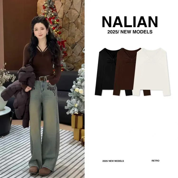 拿恋JGCZX1606#新款时尚V领系带褶皱磨毛长袖T恤打底衫1606