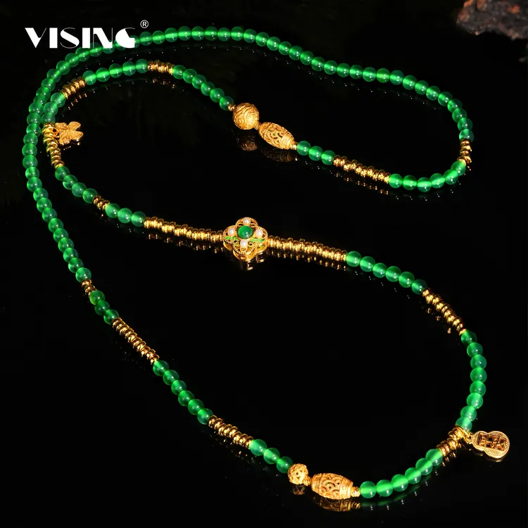 VISING珠宝天然绿玉髓4mm小米珠四叶草珠串项链金扣盘缠百搭链