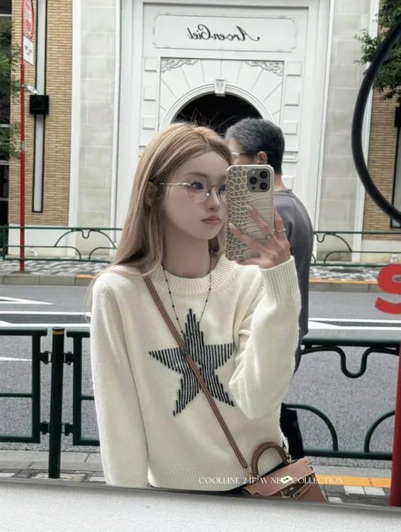 2025新款秋冬圆领五角星提花长袖针织衫女宽松显瘦百搭上衣#2552