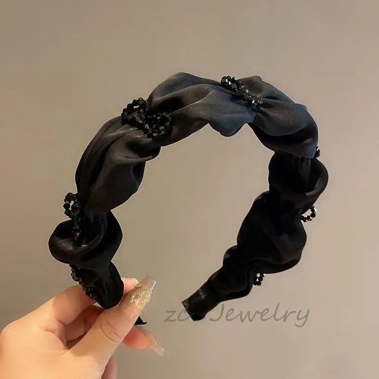 高级感缎面黑色发箍女宽边褶皱发卡新款百搭气质箍时尚复古法式