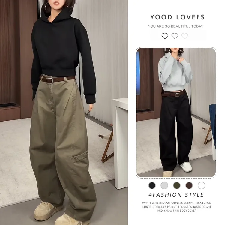 2025春秋新款设计感简约连帽卫衣长袖上衣女显瘦高腰阔腿裤两件套