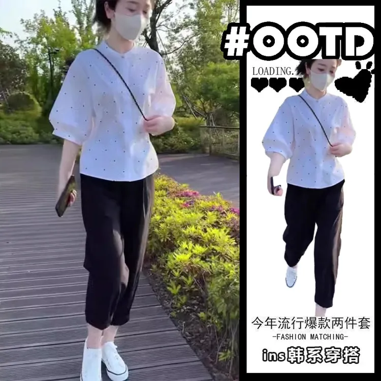夏装休闲裤子穿搭一整套女韩系立领波点减龄显瘦气质上衣两件套装