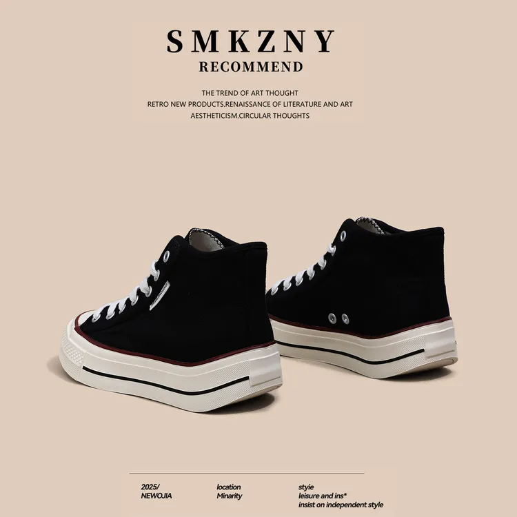 复古厚底高帮帆布鞋女薄款2025年新款秋季板鞋时尚百搭休闲小白鞋