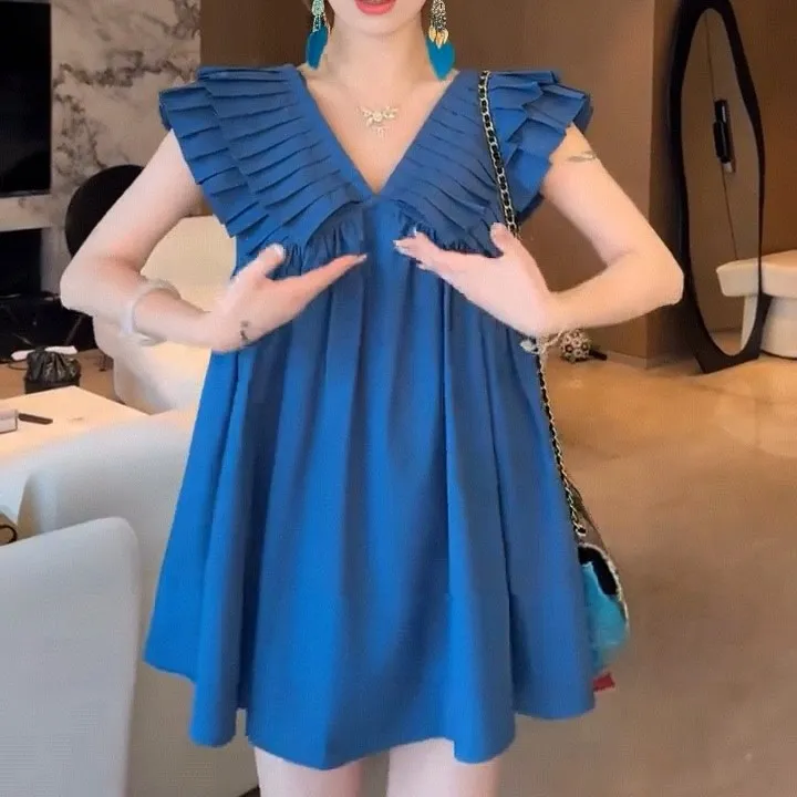 克莱蓝调新款气质V领叠褶无袖减龄蓬蓬宽松娃娃衫上衣
