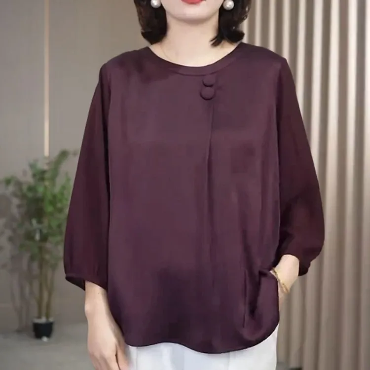 高档缎面小衫中老年妈妈装圆领早秋新款宽松显瘦气质百搭纯色小衫
