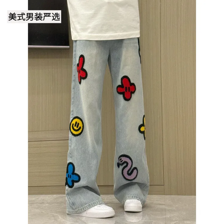 何浩楠同款裤子花卉刺绣直筒牛仔裤男美式设计感复古阔腿裤