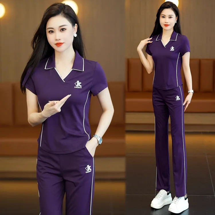 时尚休闲运动套装女2025夏季新款宽松显瘦v领短袖t恤直筒裤两件套