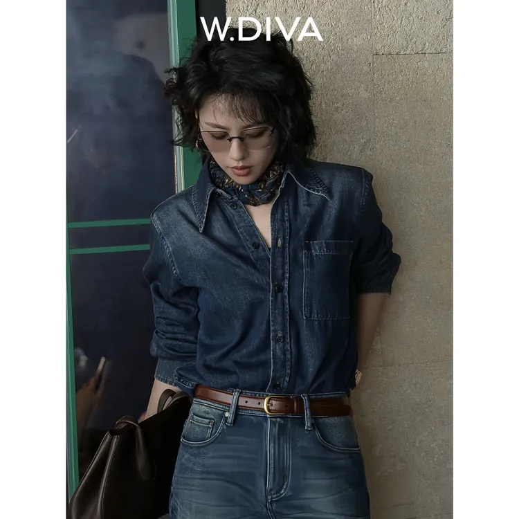 W.Diva【伯牙】丹宁极简风百搭牛仔长袖衬衫外套老钱风女3S2691079