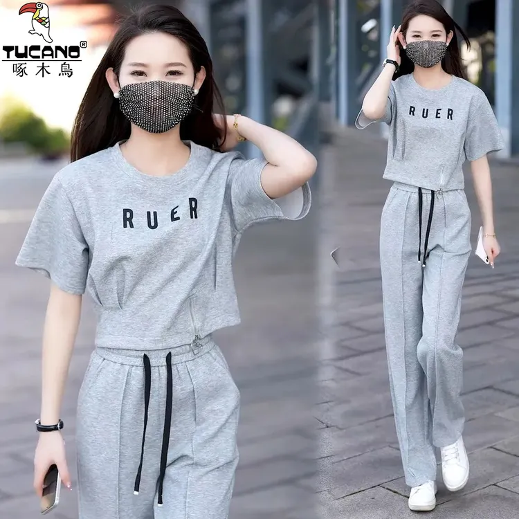 啄木鸟纯棉夏季新款短袖运动服套装女夏装一整套休闲运动装两件套商品图