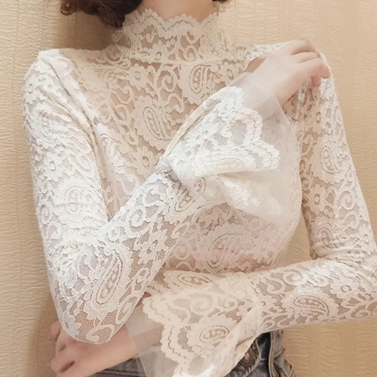 加绒秋冬喇叭袖蕾丝打底高领新款女网紧身百搭修身蕾丝网红打底衫