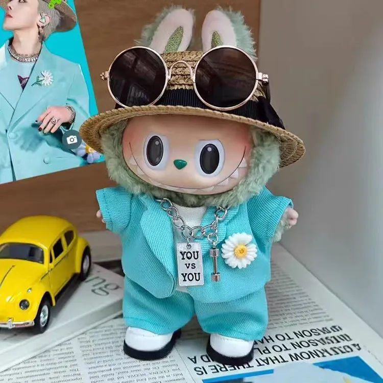 蓝色西服套装布布娃衣适合17cm布公仔换装labubu衣服