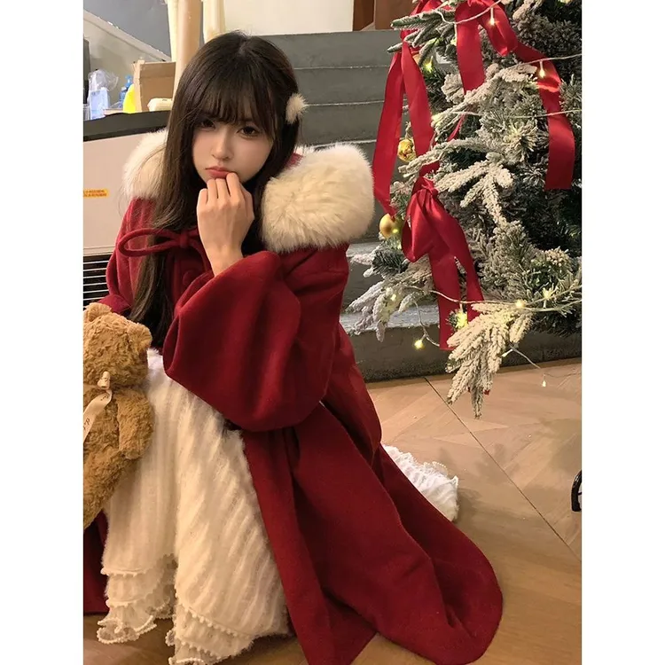 秋冬新款红色连帽毛毛领中长款气质宽松蝴蝶结毛呢大衣外套