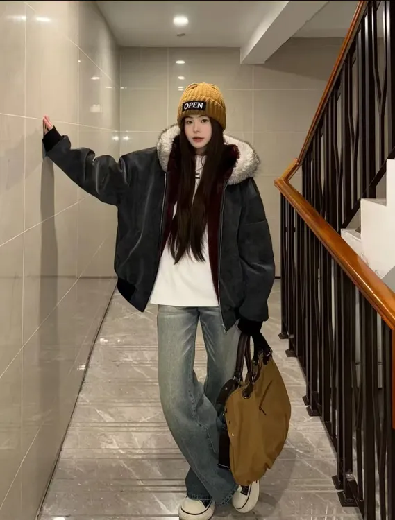 冬季时尚拉链款厚款加绒棉服连帽短款加厚毛领棉衣防水宽松