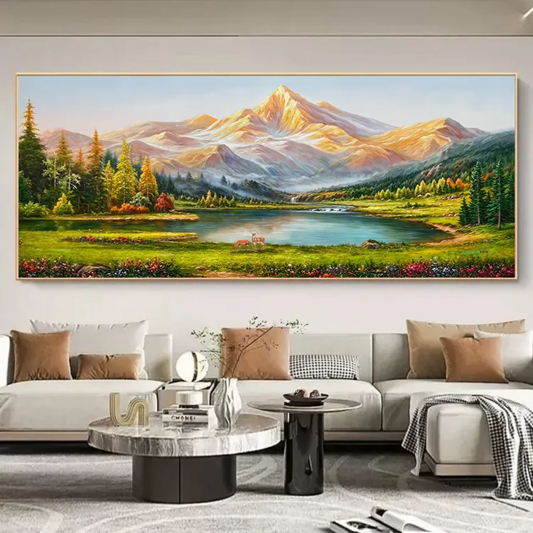 青绿聚宝盆墙壁挂画日照金山客厅装饰画办公室壁画沙发背景西墙