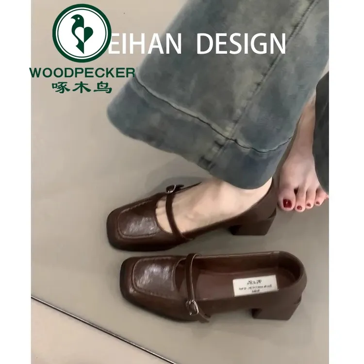 啄木鸟复古粗跟小皮鞋女春方头浅口一字扣带玛丽珍鞋气质通勤单鞋