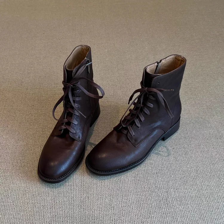 全羊皮~法式复古风圆头小众简约一字带百搭时尚舒适通勤靴子