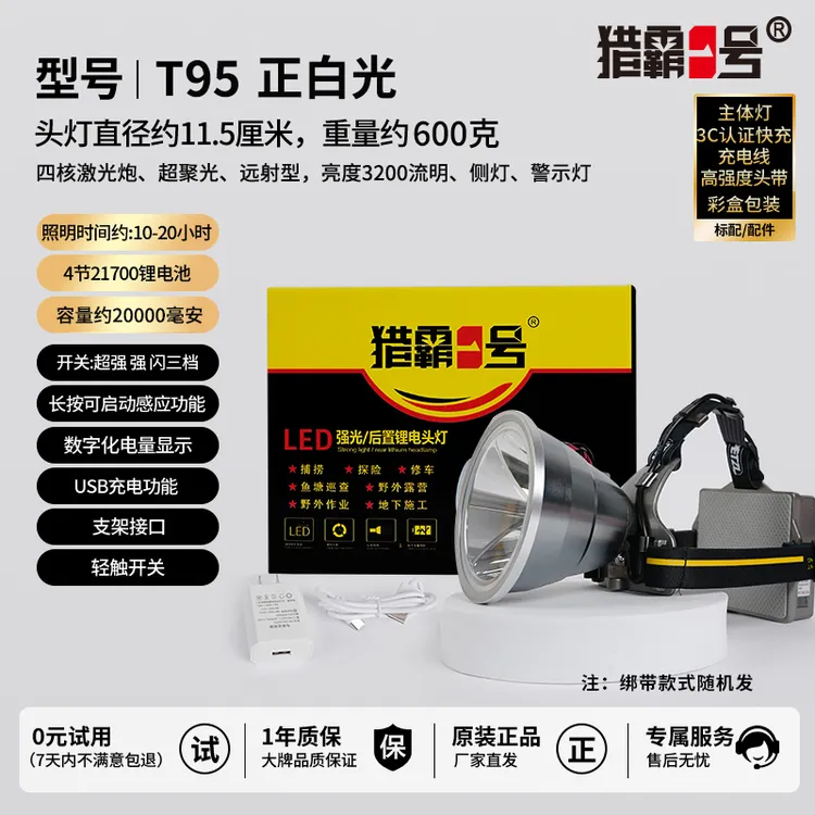 猎霸一号T95头灯强光超亮充电大光斑头戴式超长续航矿工正白光