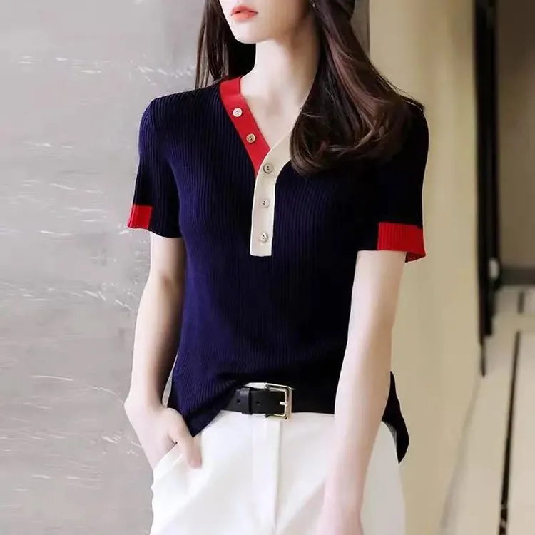 冰丝针织衫女短袖夏季薄款撞色领弹力条纹恤套头显瘦上衣潮