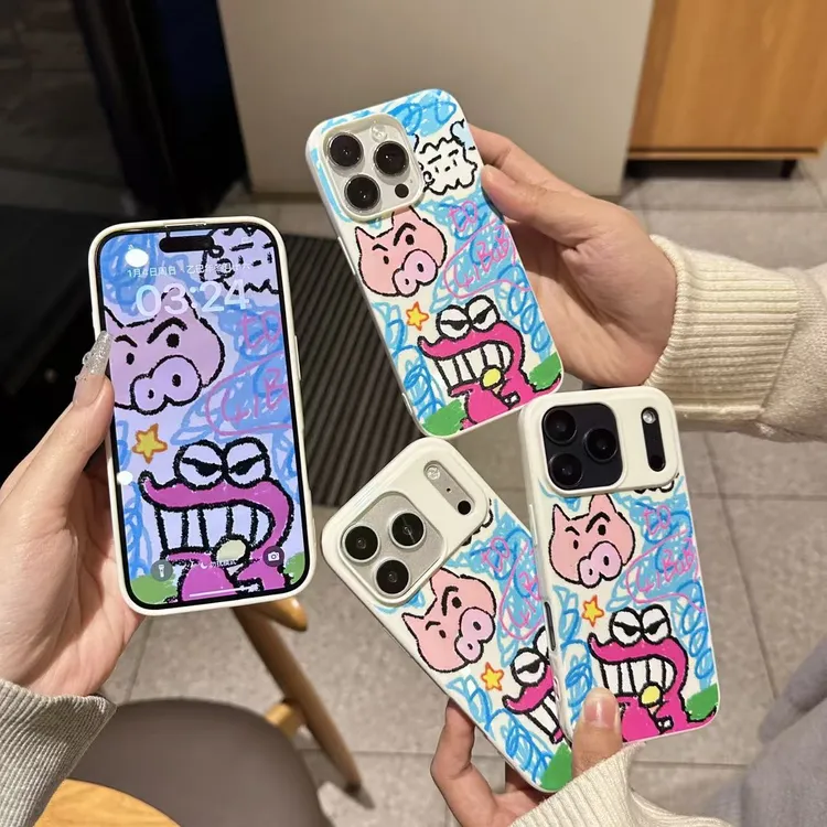 卡通涂鸦鳄鱼猪猪手机壳适用苹果iPhone17/15/16pro亮面果冻