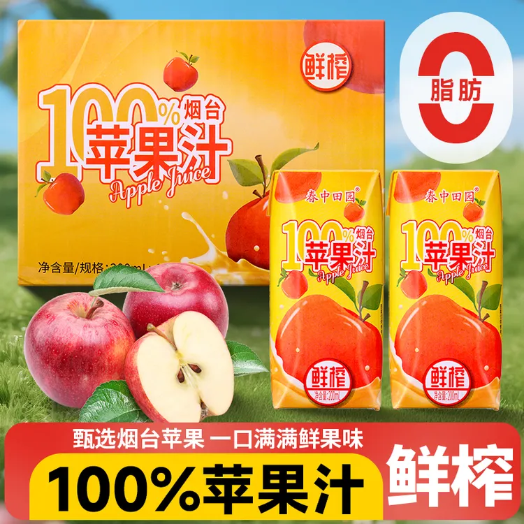 A鲜榨100%烟台红富士苹果汁酸甜解渴果汁饮料整箱支持试喝2瓶