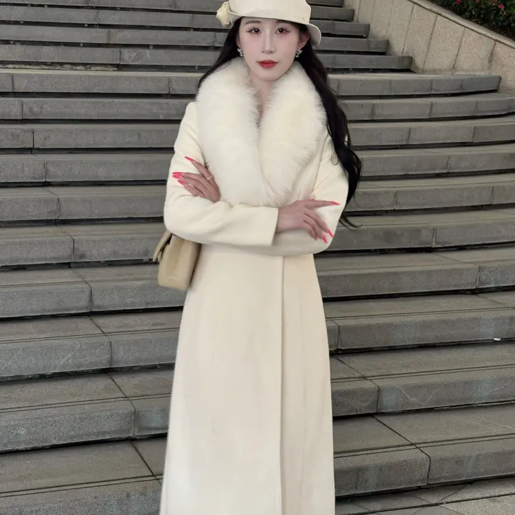 LHMknk1画报夫人原创自制秋冬vintage显瘦A摆米色大衣外套