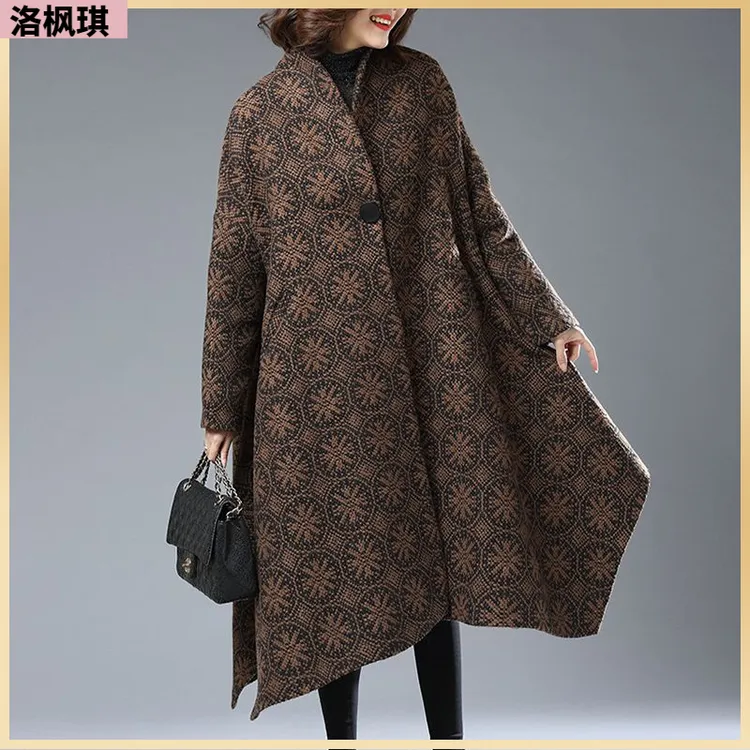 I大码毛呢外套女秋冬加厚长款过膝呢子大衣复古文艺一粒扣A字斗l