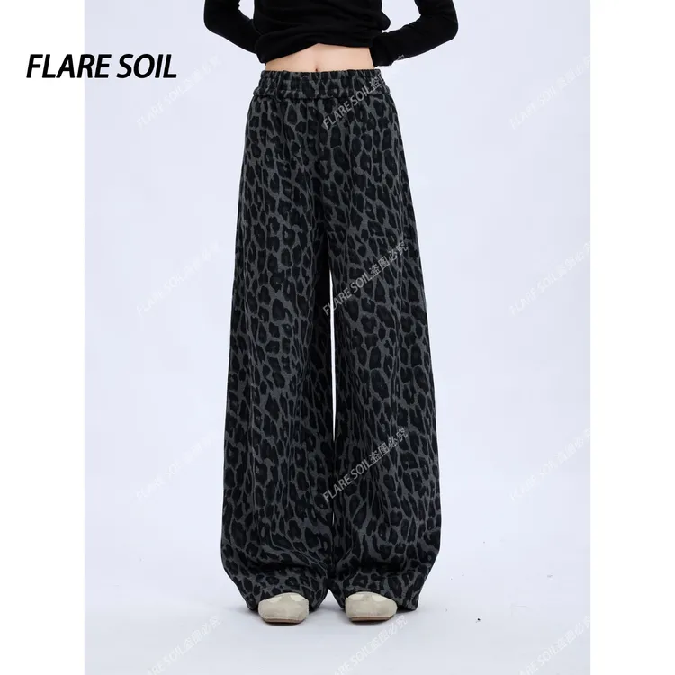 【FLARE SOIL】加绒豹纹高腰休闲裤民族秋冬直筒阔腿裤卫裤 T40026B