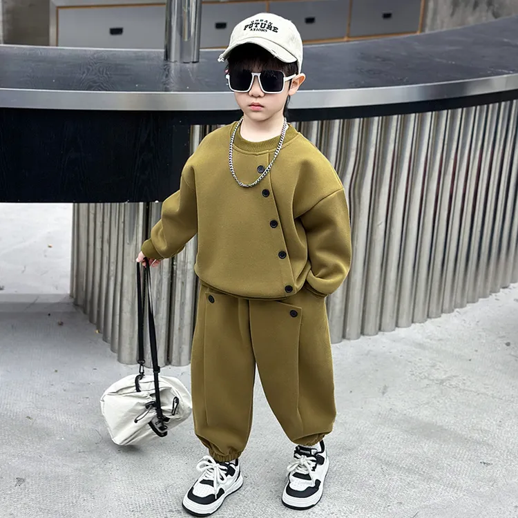 2025春秋新款男童套装纽扣套头卫衣中小童两件套男宝宝春秋装