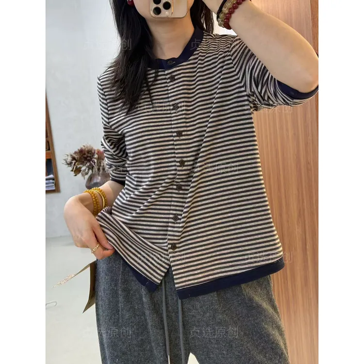 24326-长袖百搭圆领女韩版秋季时尚复古条纹开衫毛针织衫
