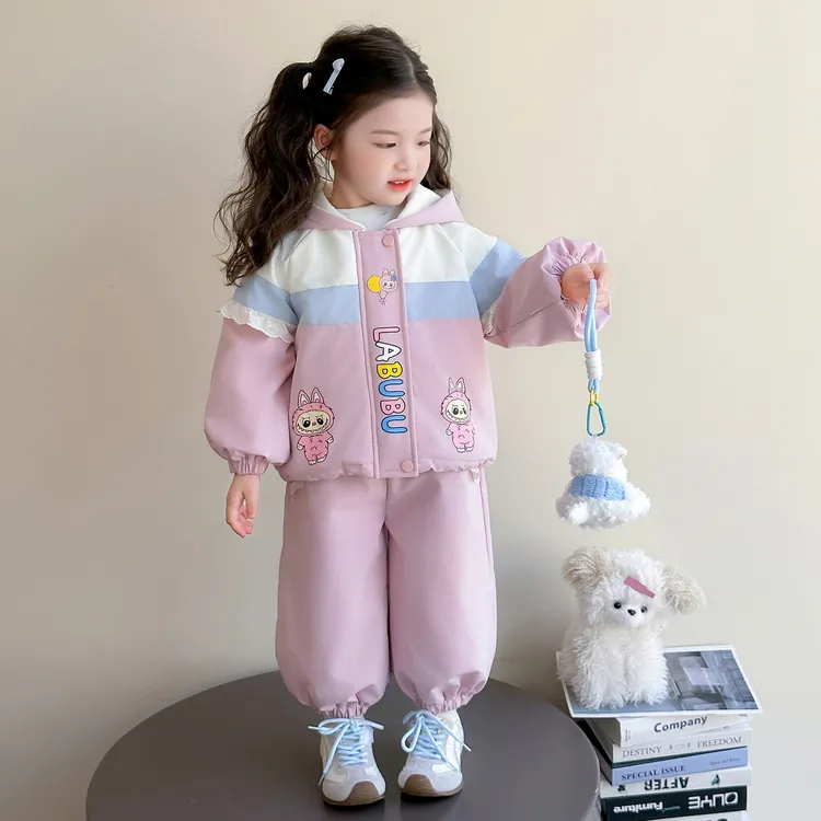 女童拉布布加绒加厚连帽拼接棉套装冬季新款洋气时髦甜美卡通套装