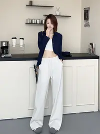 高腰慵懒风纯色窄版直筒裤拼接休闲裤薄款舒适休闲裤子01
