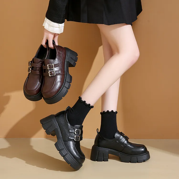 爆款厚底乐福鞋女2025秋季新款复古英伦风单鞋子魔术贴jk小皮鞋女