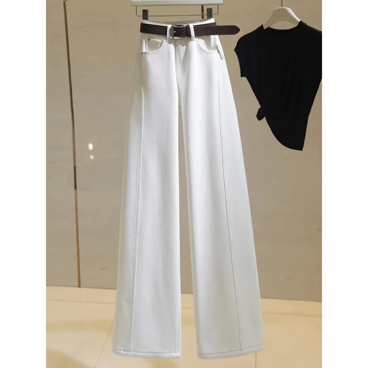 culv奶白色加绒阔腿牛仔裤女高腰2025秋冬新款宽松保暖拖地直筒裤