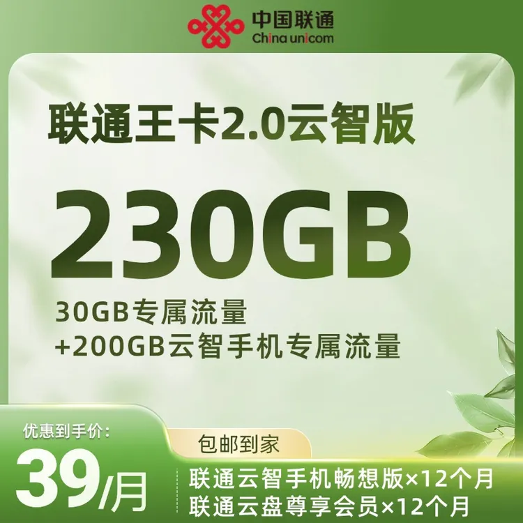 UNICOM/联通陕西咸阳【王卡云智版】39元230G超大流量